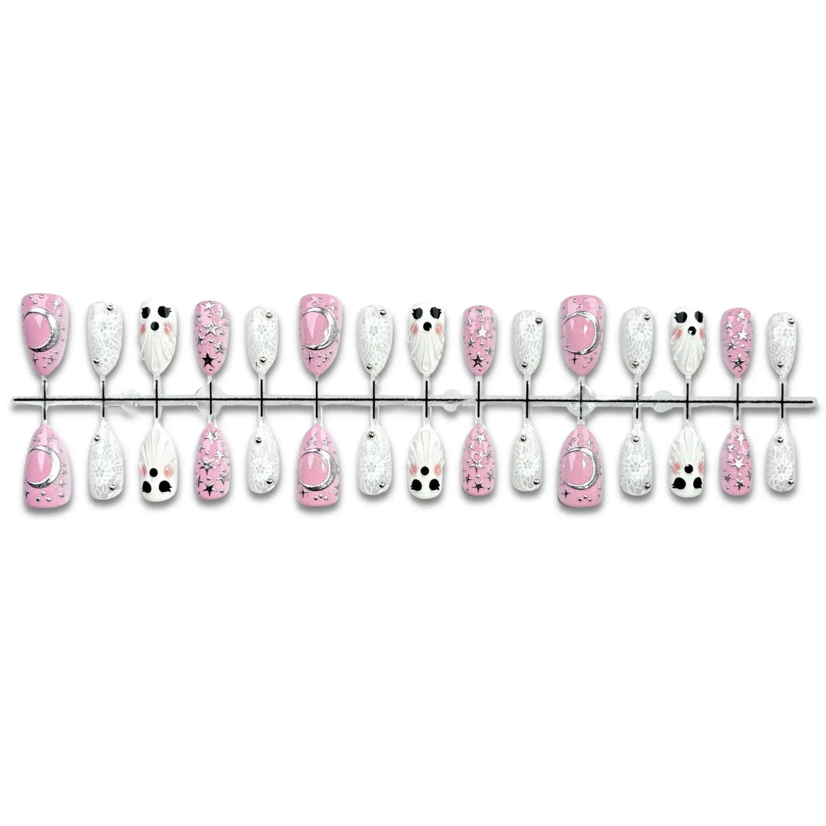 Halloween Pink White Color Press on Nails With 3D Ghost Design Almond Fake Nails INS Sweet Star Moon Decor False Nails 30pcs