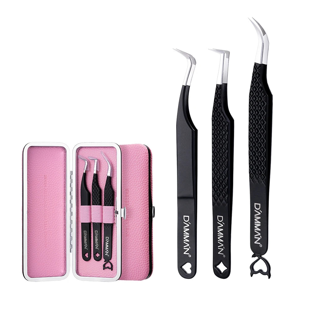 DAMMAN 3PCS Lash Tweezers Set Fiber Tip Tweezers for Eyelash Extension High Precision Eyelash Tweezers with Leather Case