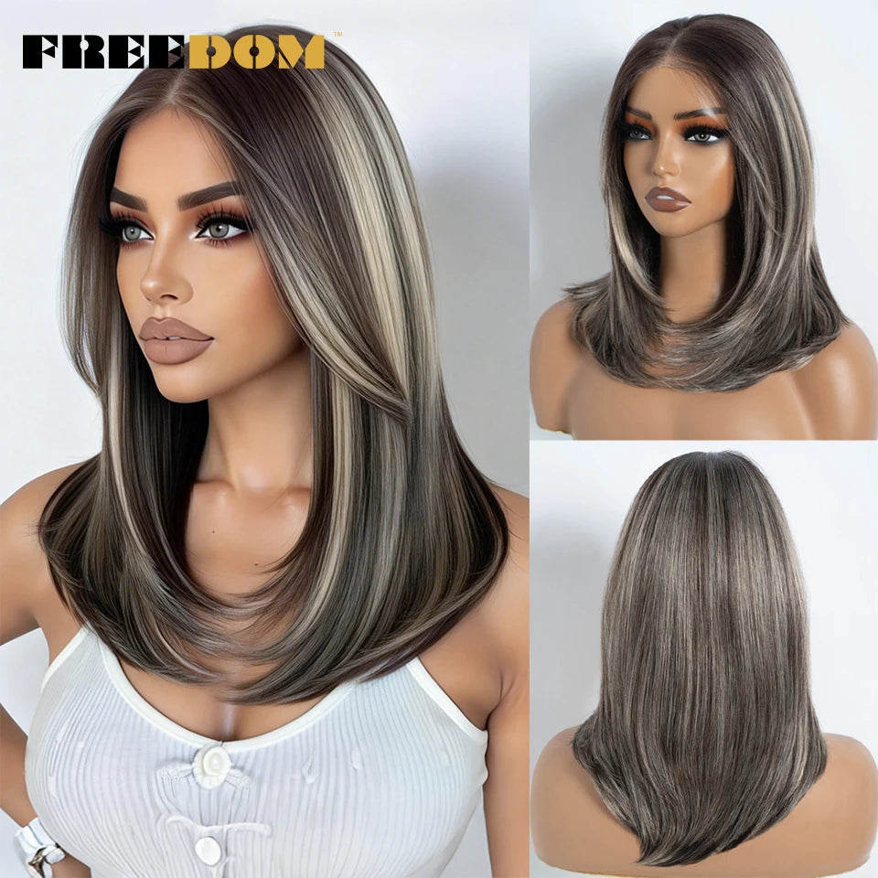 FREEDOM Synthetic Lace Front Wigs For Women Straight Bob Layered Wigs 13X3 Pre Plucked 16" Ombre Blonde Highlight Daily Use Wig