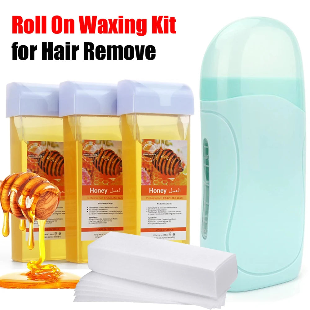 Roll On Waxing Kit With Wax Cartridges and Wax Strips 3 in 1 Soft Wax Heater Kit Hair Removal Wax Paper Waxing Kits Warmer
