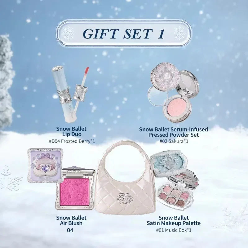 Flower Knows Snow Ballet Makeup Christmas Gift Set Eyeshadow,Blush,Lip Glaze Setting Powder with Cosmetic Bag Beauty Kit
