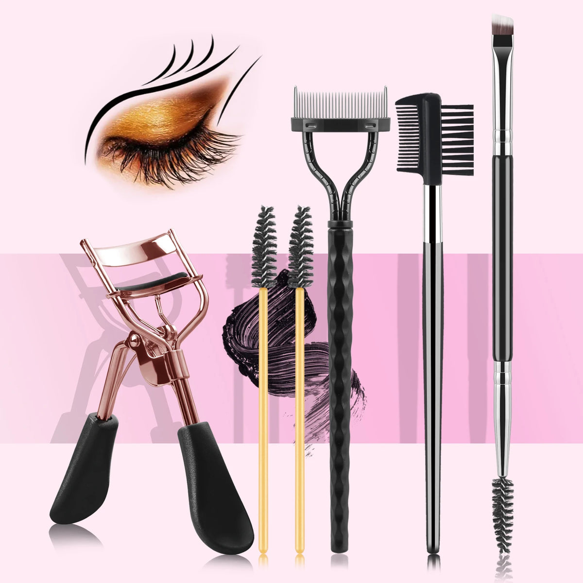 6Pcs Eyelash & Eyebrow Makeup Tools Kit Eyelash Curler Dual End Brow Brush Lash Comb Spoolie Applicator