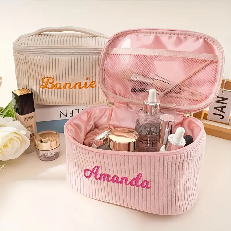 Corduroy Makeup Bag Large Capacity Travel Cosmetic Case Personalized Name Embroidery Toiletry Bag Women Portable Organizer