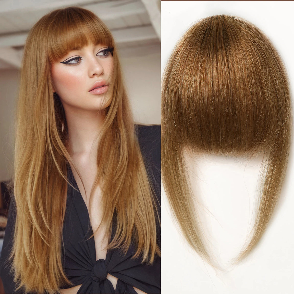 100% Human Hair Bangs Blonde Brown Wispy Bang Hair Clip in Bangs Fringe with Temples Hairpiece for Women Clip on Air Bang 4.5in