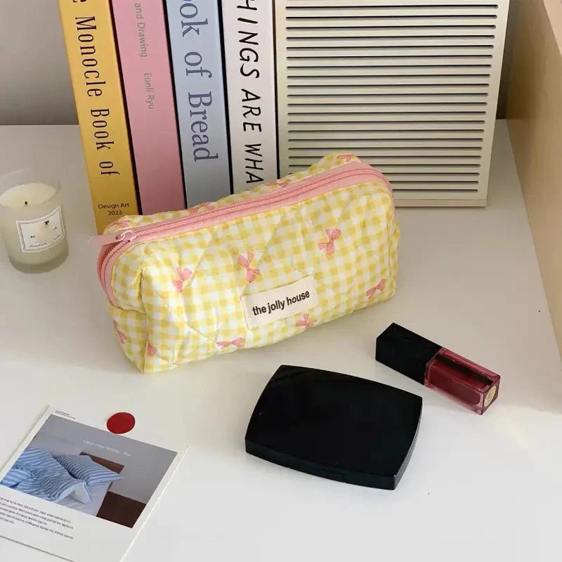 New Cartoon Bow Knot Tote Makeup Zipper Bag Women Large Capacity Quilting Pouch Washbag Cute Portable Cosmetic Storage Bag