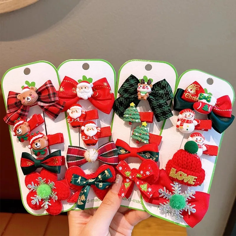 New Year Christmas Cute Cartoon Bow Hairpins Set Children Girls Hair Clips Pin Barrettes Accessories Headwear Headdress Ornament