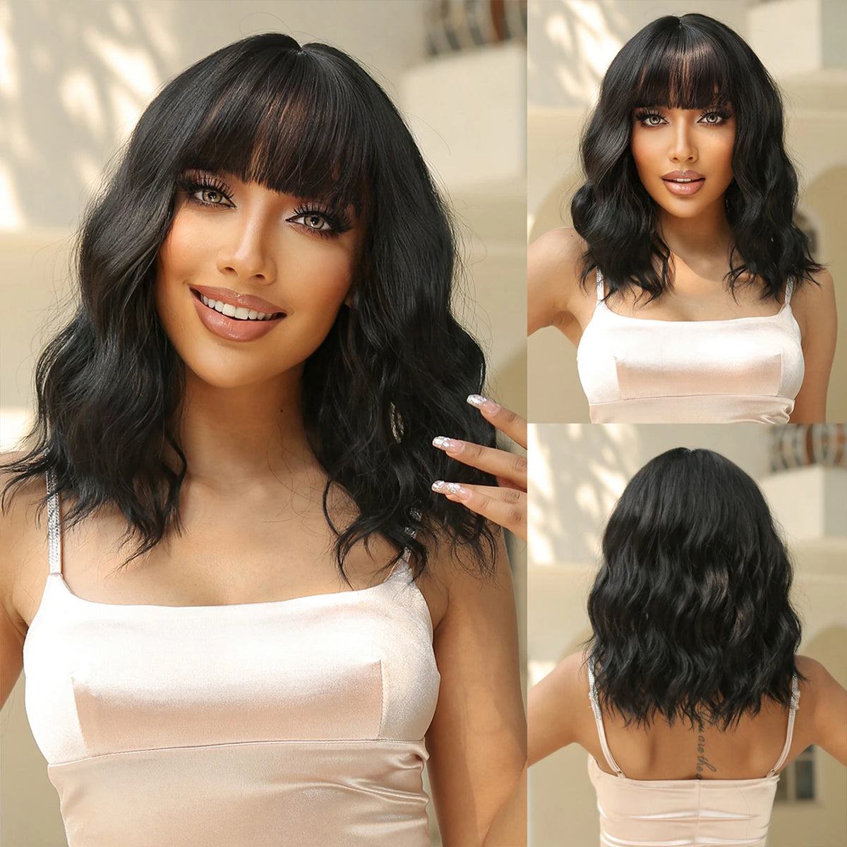 EASIHAIR Short White Bob Synthetic Wigs Short Wavy Lolita Natural Hair Wigs with Bangs for Women Heat Resistant Cosplay Wig