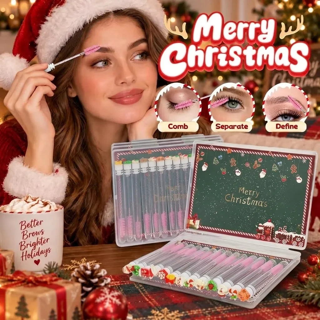 14pcs Gift Box Christmas Mascara Eyelash Brushes Set - Santa Snowflake Design Mascara Wand Makeup Brushes, Travel Eyelash Brush