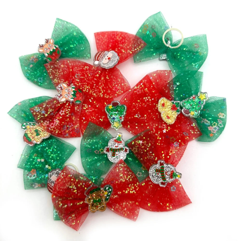 50pcs Christmas Small Dog Grooming Bows Rubber Bands for Dogs Xmas Pet Dog Hair Bow for Grooming Small Dog Cat Hair Accessories