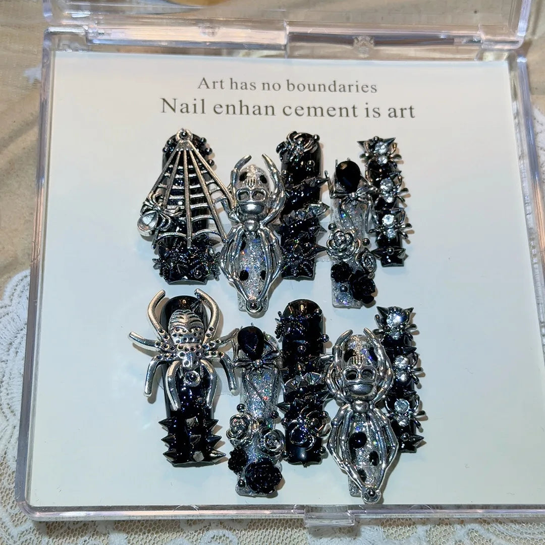 10pcs Handmade Coffin Press on Nails Halloween Gothic Rivet Skull Spider Decor Fake Nail Patches Shibuya Spicy Girl False Nails