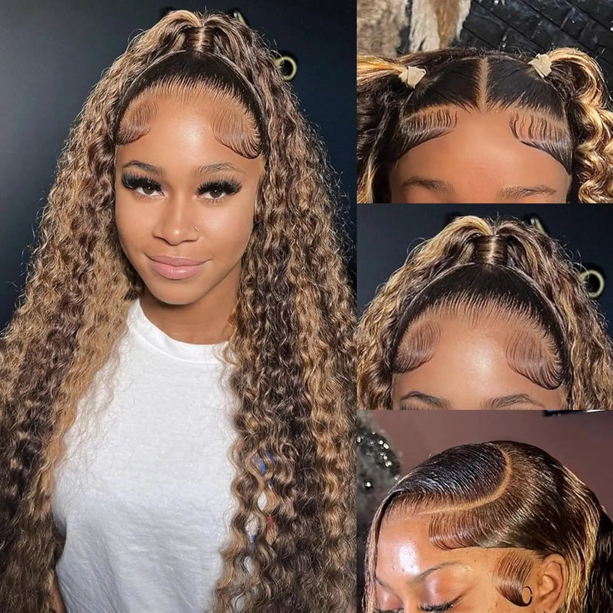 Highlight Deep Wave Wig Ombre Honey Blonde Kinky Curly Lace Front Wig Gluless Deep Wave Lace Wigs Synthetic Heat Resistant Fiber