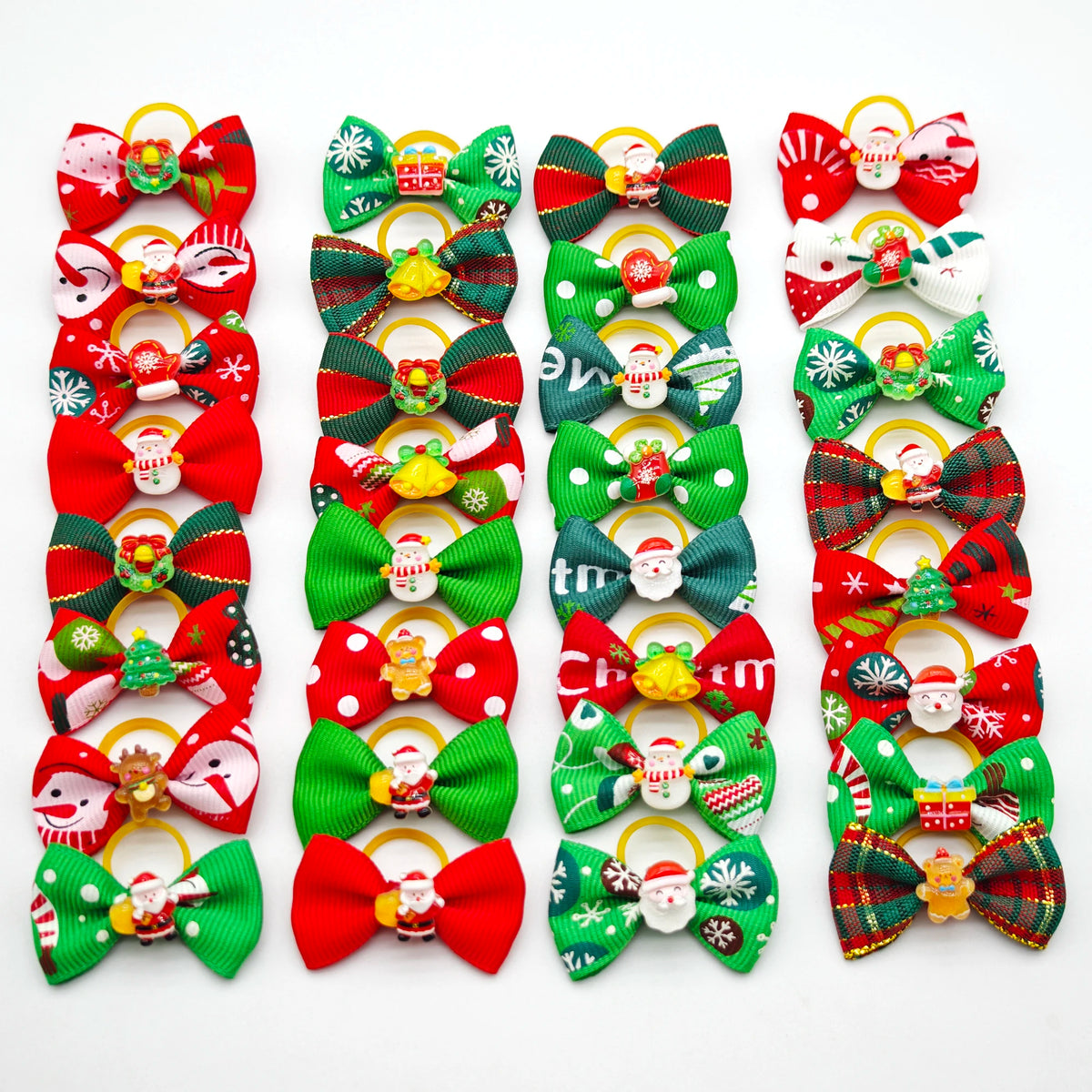 30Pcs Christmas Dog Hair Bows with Rubber Bands Santa Snowman Xmas Pet Grooming Accessories Yorkshire Puppy Holiday Party Decor