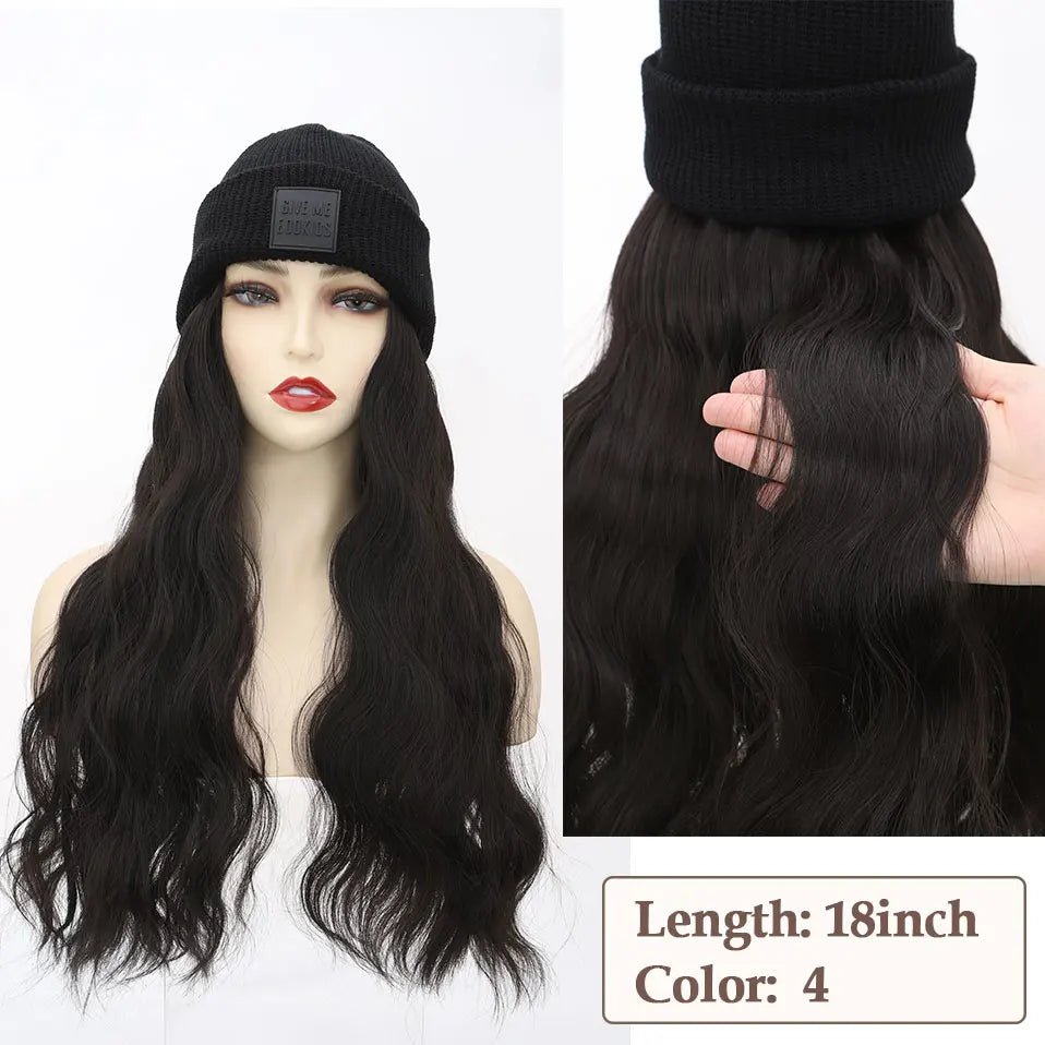Hat Wig Knitted Beanie Wig Hat Hair Extension 11''18'' Long Wavy Curly Black Hat Wig Synthetic Hairpiece for Women Girls Winter