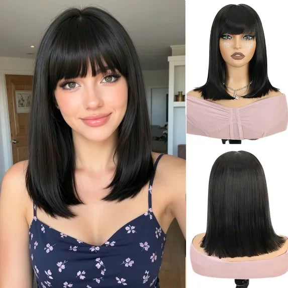 QUEENTAS 40 Inch Black Wig with Bangs Long Black Wigs for Women Synthetic Straight Hair Party Daily Wear