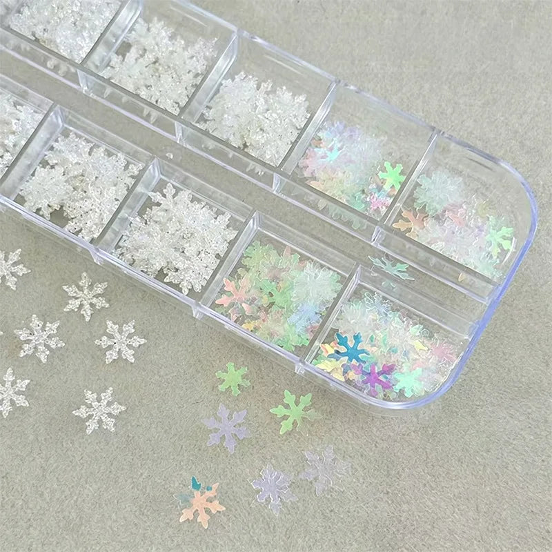 New 12Grids Laser Mixed Christmas Snowflake Nail Sequins Charms DIY Flash Winter Christmas Party Manicure Decoration Accessories