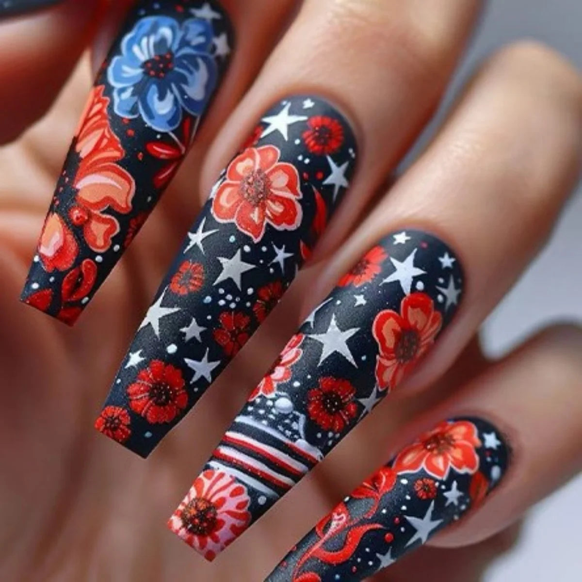 24pcs Wearable Press on Nails Halloween Flower Design Long Coffin False Nail Black Red Tips Fake Nails Sets Bat Ballet Manicure