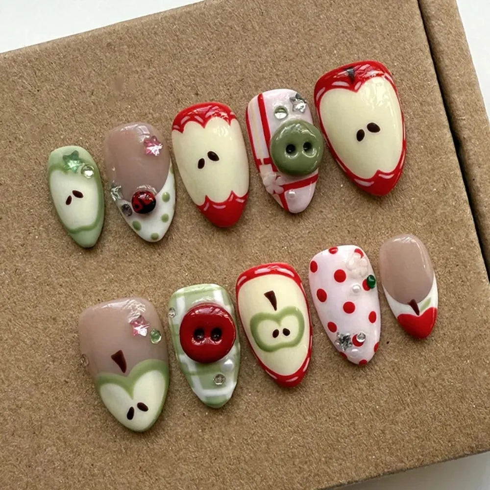 24PCS Cute Cartoon Red Apple False Nails Green Polka Dots Plaid Patterns French Fake Nails Tip Sweet Fruit Almond Nails Press On