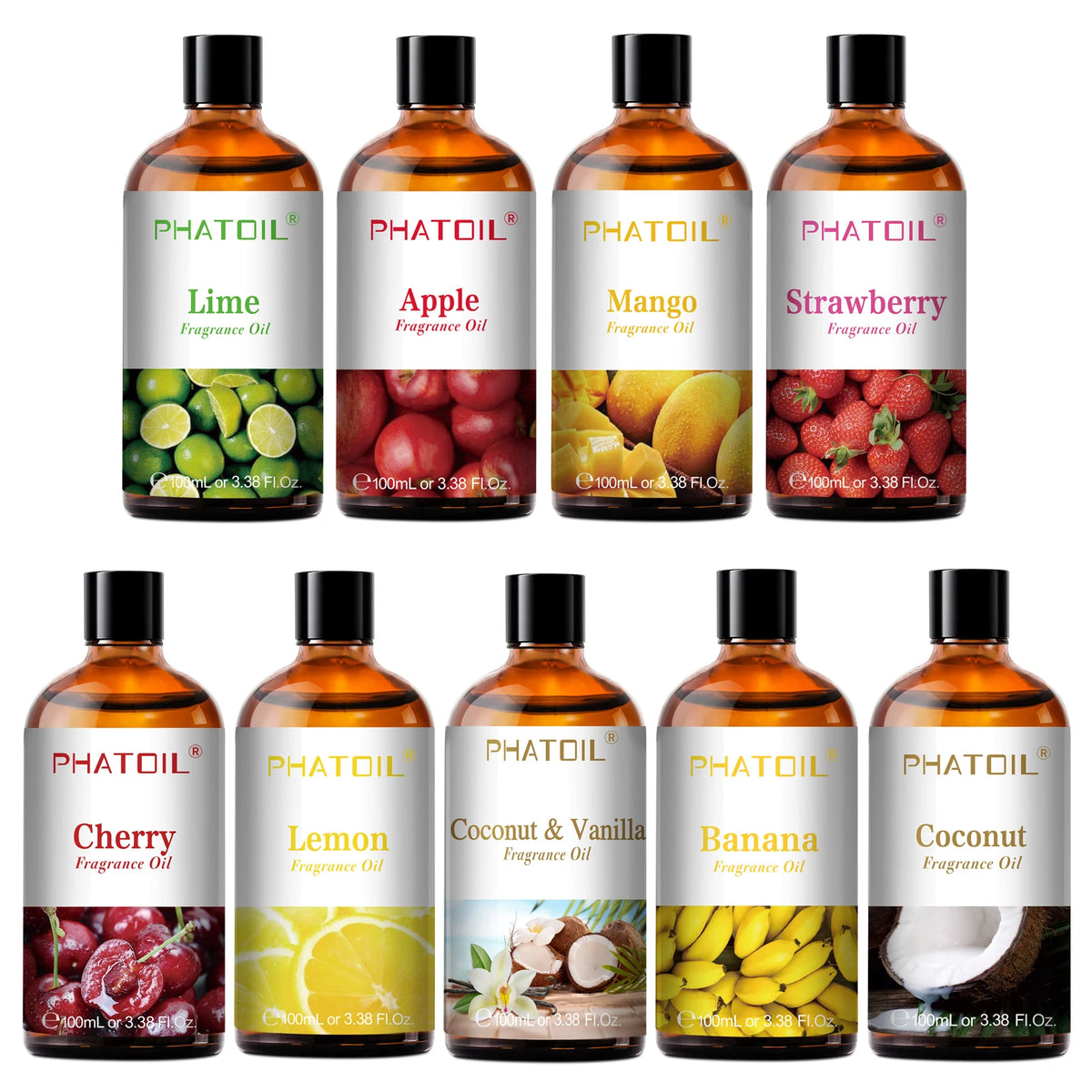 PHATOIL 100ml Aromatherapy Fragrance Oil with Glass Dropper Lime Coconut Strawberry Cherry Watermelon Lemon Mango Aroma Oils