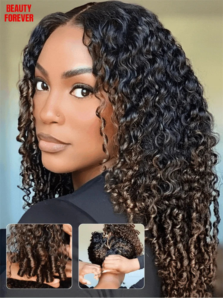 Beautyforever Burmese Curly Glueless Wig Finger Coily Ends 100% Human Hair Black to Chestnut Brown 7x5 Pre Cut Lace Wig 180%