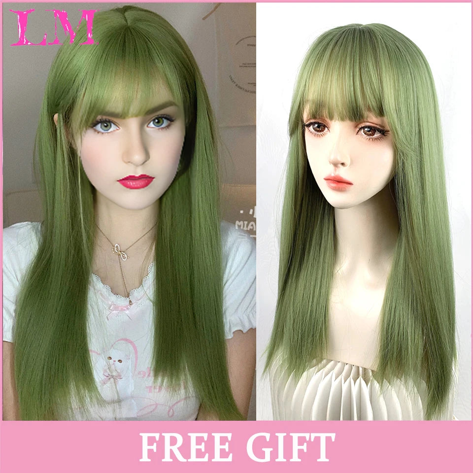 LM Light Blonde Wave Hair Wig Synthetic Long Wavy Wigs with Bangs for Women Cosplay Natural High Temperature Fiber
