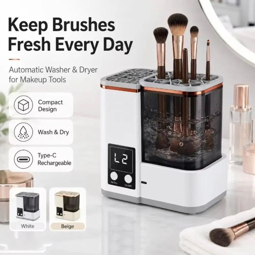 Portable Makeup Brush Cleaning Machine Electric Automatic Makeup Brush Dryer LCD Timer 2 Wash Modes Cosmetic Brushes Cleaner