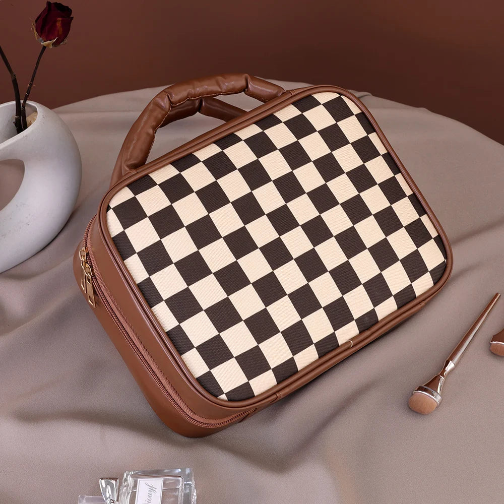 Luxury Checkered Cosmetic Bag For Women Large Capacity Waterproof Makeup Toiletry Bag Brown Melard Travel Wash Storage Bag