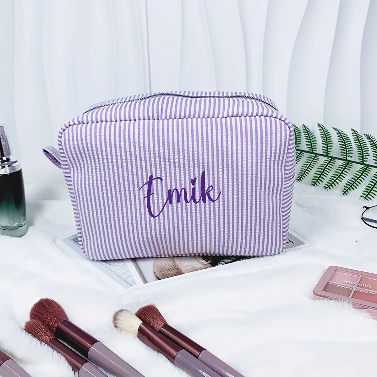 Custom Name Embroidered Makeup Bag Striped Cosmetic Pouch Travel Toiletry Organizer Large Capacity Zipper Pencil Case Gift Women