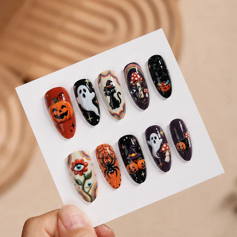 6 Sets Halloween Style Almond-Shaped Press On Nails with of 3D Embossed Pumpkin Bat Checkerboard Ghost Acrylic Fake Nail