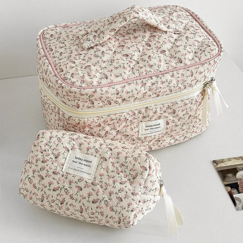 【Sweet Corduroy Floral Cosmetic Bag Portable Large Capacity Storage Bag Travel Makeup Bag Toiletry Organizer For Girls】