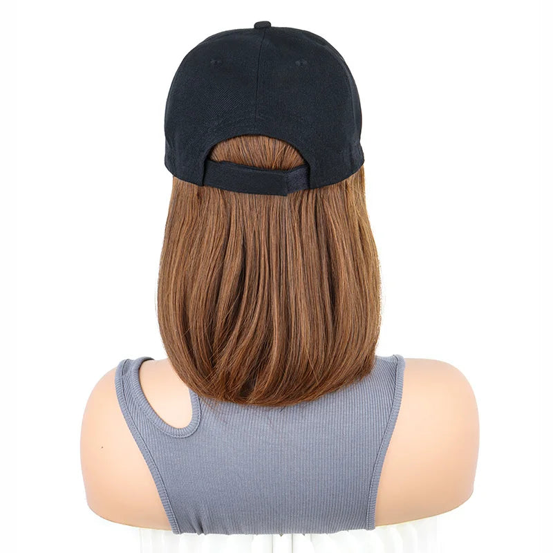 Synthetic Short Straight Bobo Hat Wigs Baseball Cap Adjustable Black Brown Hairpiece for Women