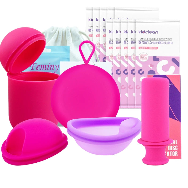 Feminy Menstrual Disc Kit Medical Grade Reusable Soft Silicone Period Disc with Sterilizer Case Applicator Leakproof Monthly Cup