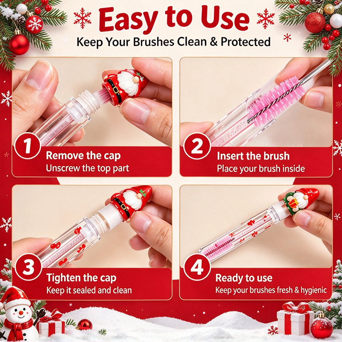 5Pcs Christmas Eyelash Brushes with Tube, Reusable Santa Mascara Wand, Dustproof Eyebrow Comb Spoolies Lash Extension Xmas Gifts