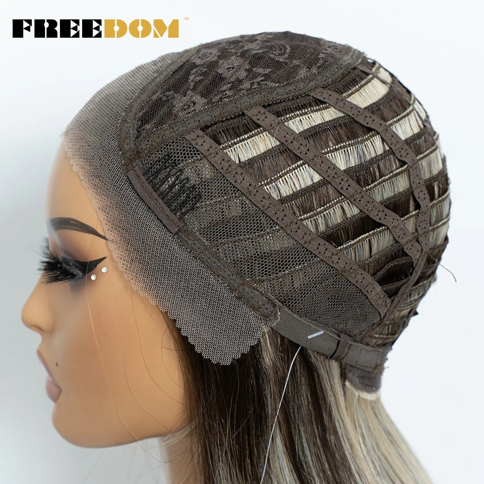 FREEDOM Synthetic Lace Front Wigs For Women Straight Bob Layered Wigs 13X3 Pre Plucked 16" Ombre Blonde Highlight Daily Use Wig