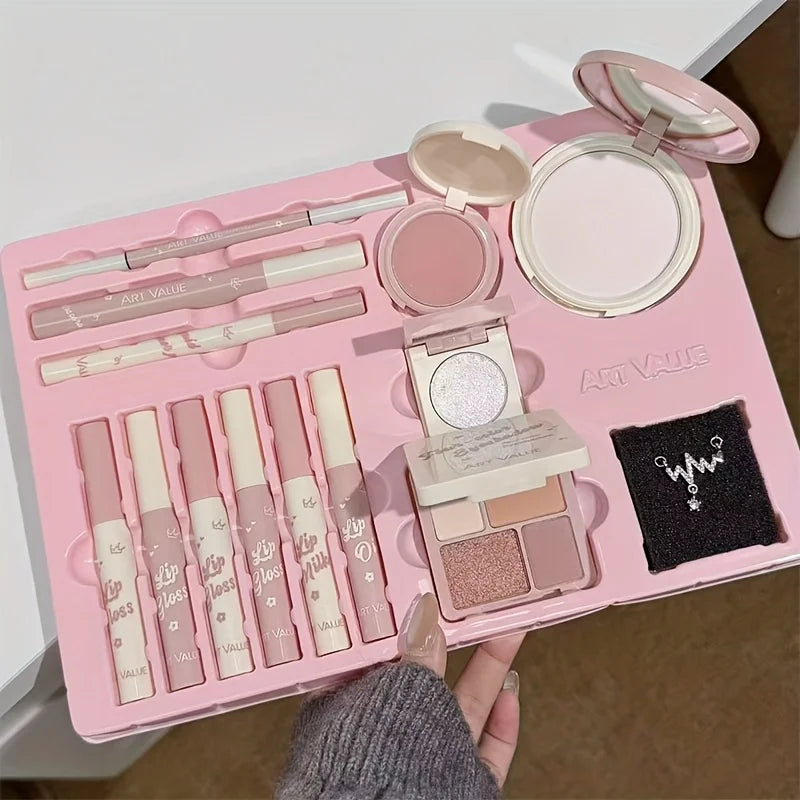 14pcs Teen Pink Makeup Gift Set, Lip Gloss Eyebrow Mascara Eyeliner Necklace Full Beauty Kit, for Xmas Birthday Valentine’s Day