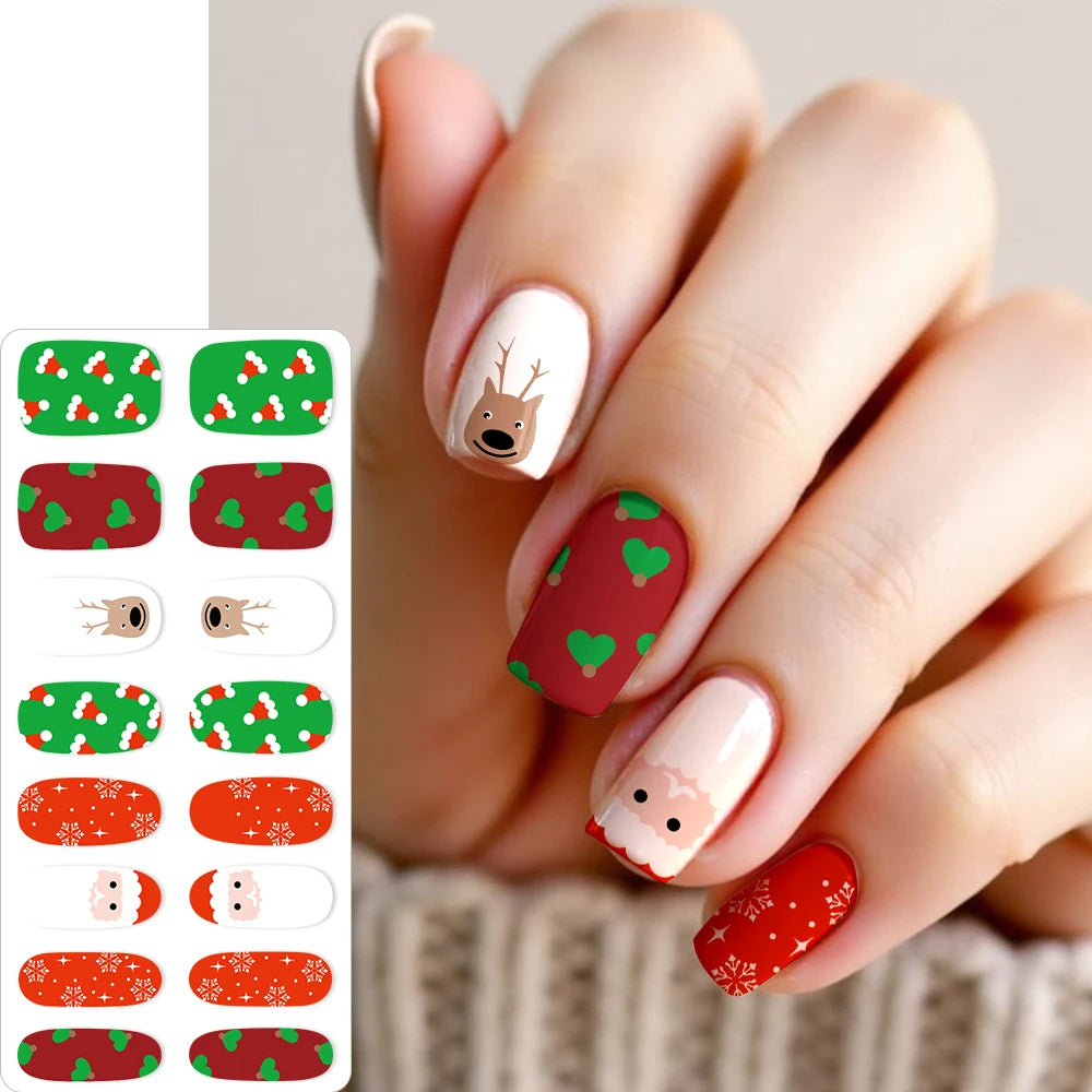 16Tips Christmas Nail Polish Stickers Baking Free Snowflake Santa Claus Elk Design Self-adhesive Nail Art Wrap Xmas Nail Decals*