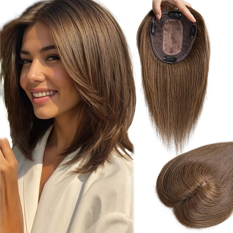 10 Inch 100% Human Hair 13X12cm Hairnet Clip in Hair Topper Extension with Bangs Top Wig Piece for Women Daily Life