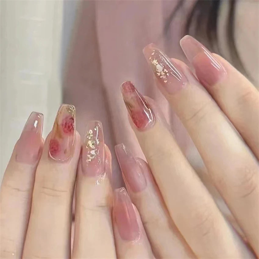 24 Pcs/Set Valentine's Day Long Almond Fake Nails Shape Novelty Pearl Bow Love Press on Nails Art Full Cover Stick-on Nails Tips