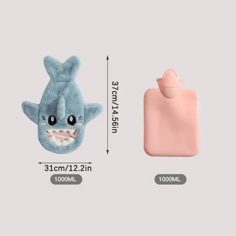 Portable Cute Plush Shark Hot Water Bottle Bag Stress Pain Relief Detachable Winter Warm Heat Reusable Hand Warmer