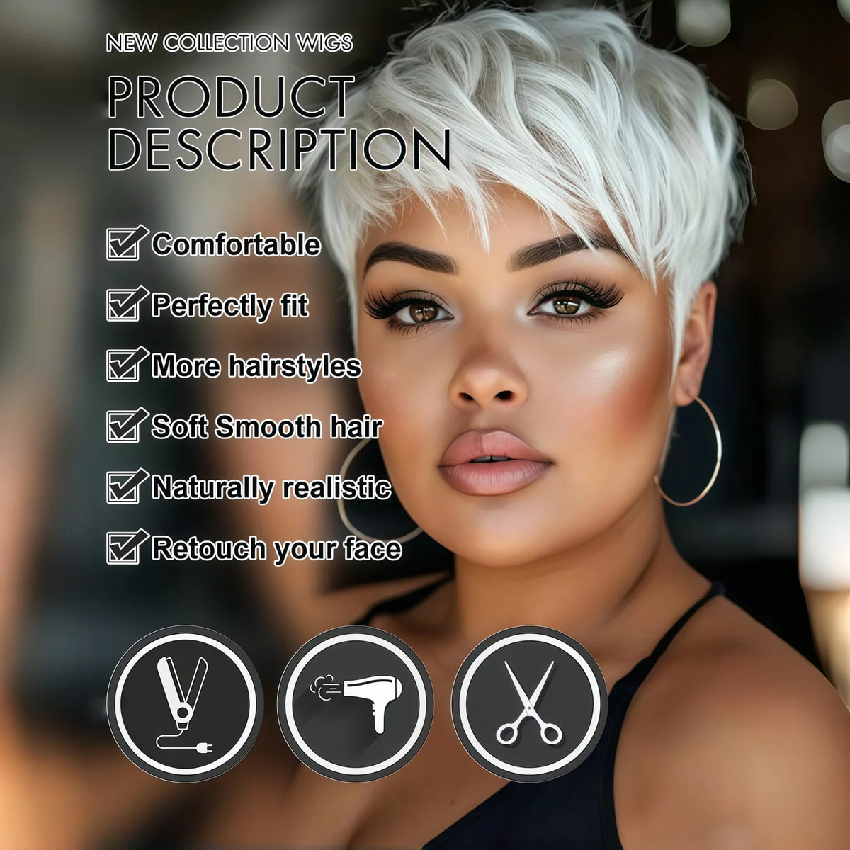 Ladies' Short Straight Wig, White, High-Density, Heat-Resistant, Breathable Rose-Colored Mesh Cap, White Straight Synthetic Wig