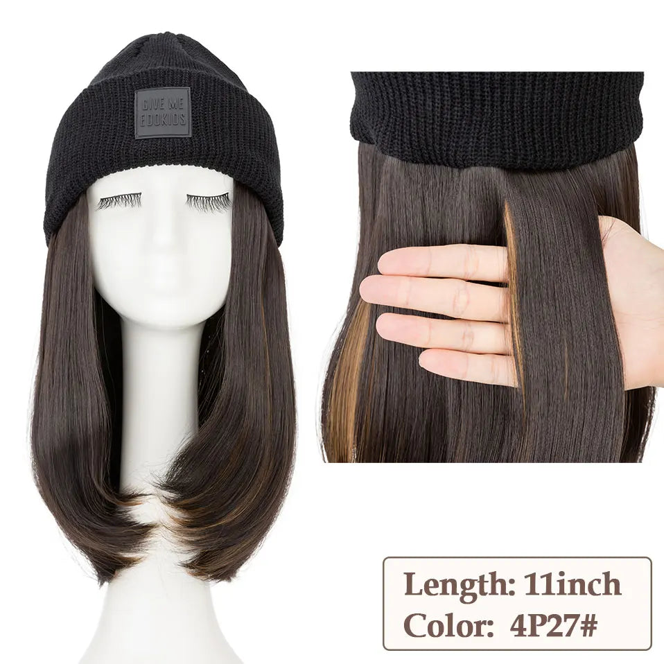 Hat Wig Knitted Beanie Wig Hat Hair Extension 11''18'' Long Wavy Curly Black Hat Wig Synthetic Hairpiece for Women Girls Winter