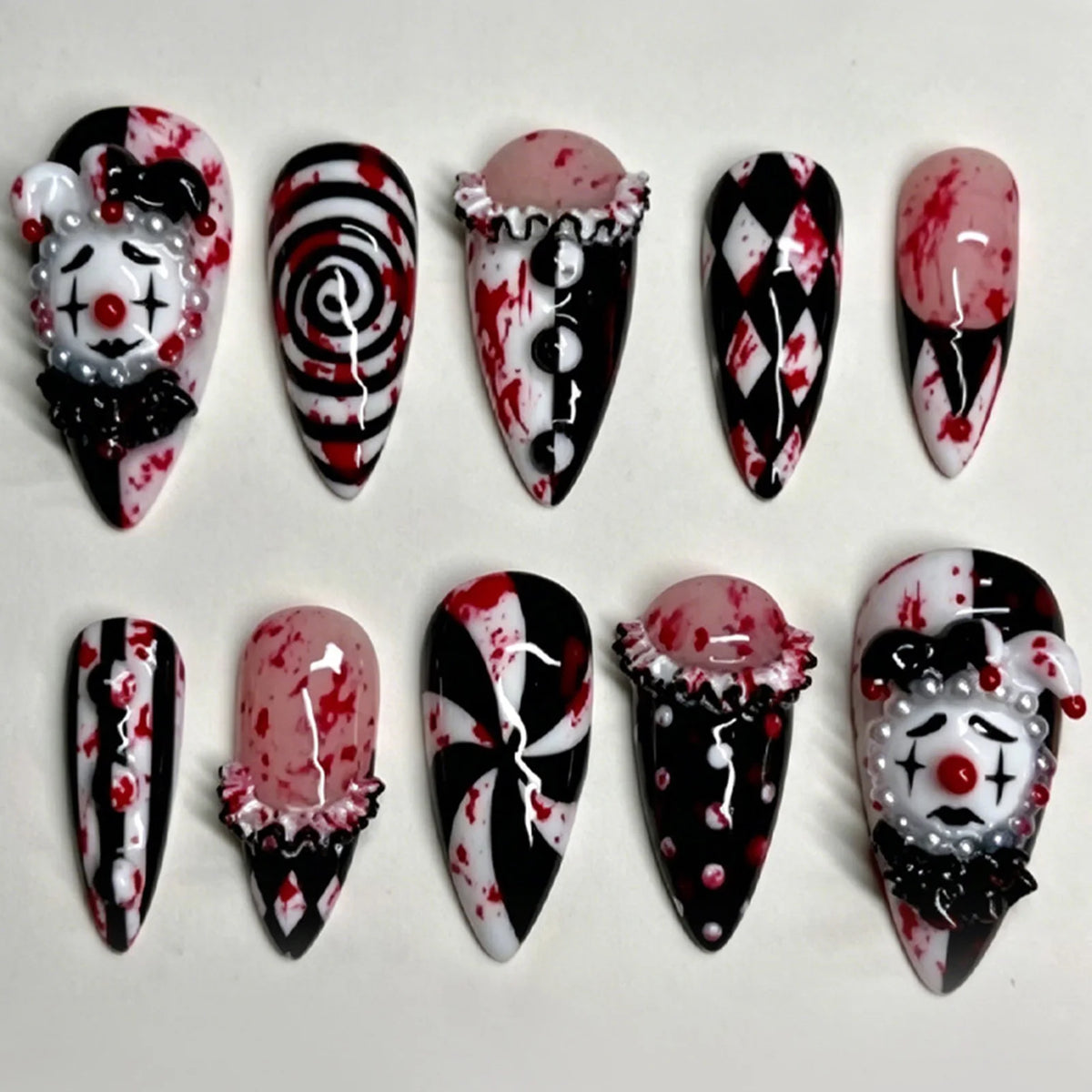 30pcs Funny Dark Clown Press On Nails Halloween French Style Almond False Nails 3D Relief Pearl Spiral Stripes Designs Fake Nail