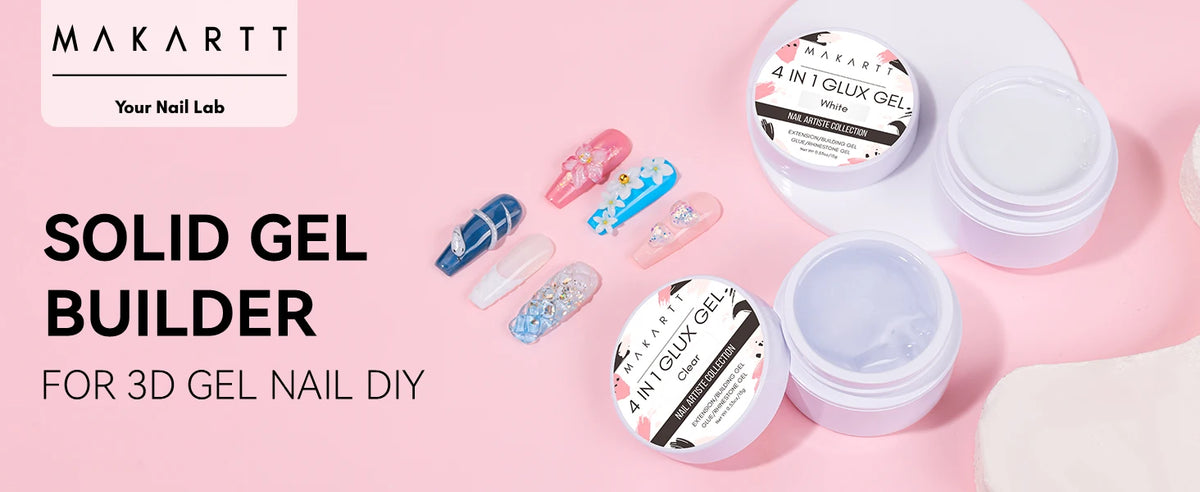 Makartt Solid Gel Builder: 4-in-1 Clear White Non-sticky for Extension 3D Sculpting Nail, UV Glue for Acrylic Tips, Rhinestones