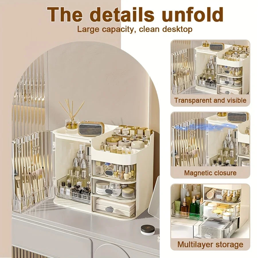 Beige Cosmetic Storage Box High Capacity Dustproof Makeup Organizer with Multi Drawers & Brush Holder for Desktop Dresser Home