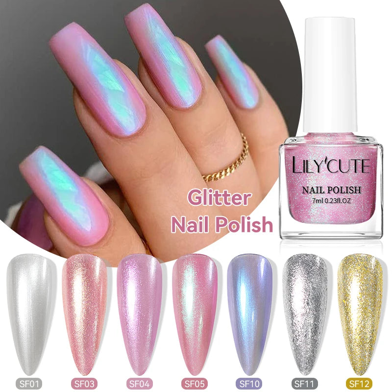 LILYCUTE 7ml Auroras Glitter Nail Polish No Need of UV/LED Lamp Nail Supplies Vernis White Pink Silver Pearl Effect for Nails