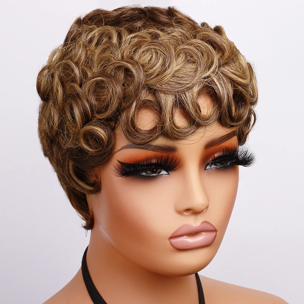 Blonde Curly Pixie Cut Wigs Short Colorful Human Hair Wigs For Black Women Brazilian Hair Full Machine Made Glueless Wigs 150%
