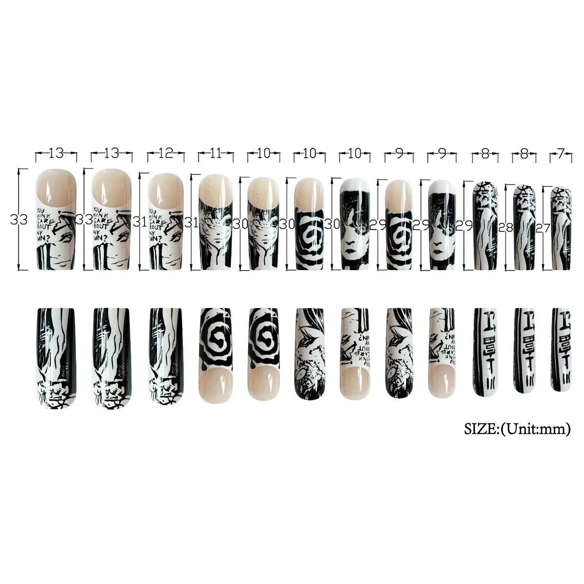 24Pcs Long pointed Halloween False Nails White Irregular Flame Stripes Nail Art Fake Nail Stickers For Women and Girls