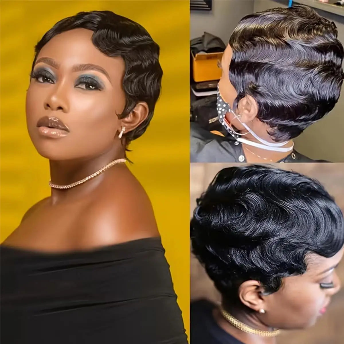 Short Wigs Human Hair Vintage Ocean Finger Wave Pixie Cut Wig for Black Women Glueless Costume Wigs Layered Machine Made No Glue