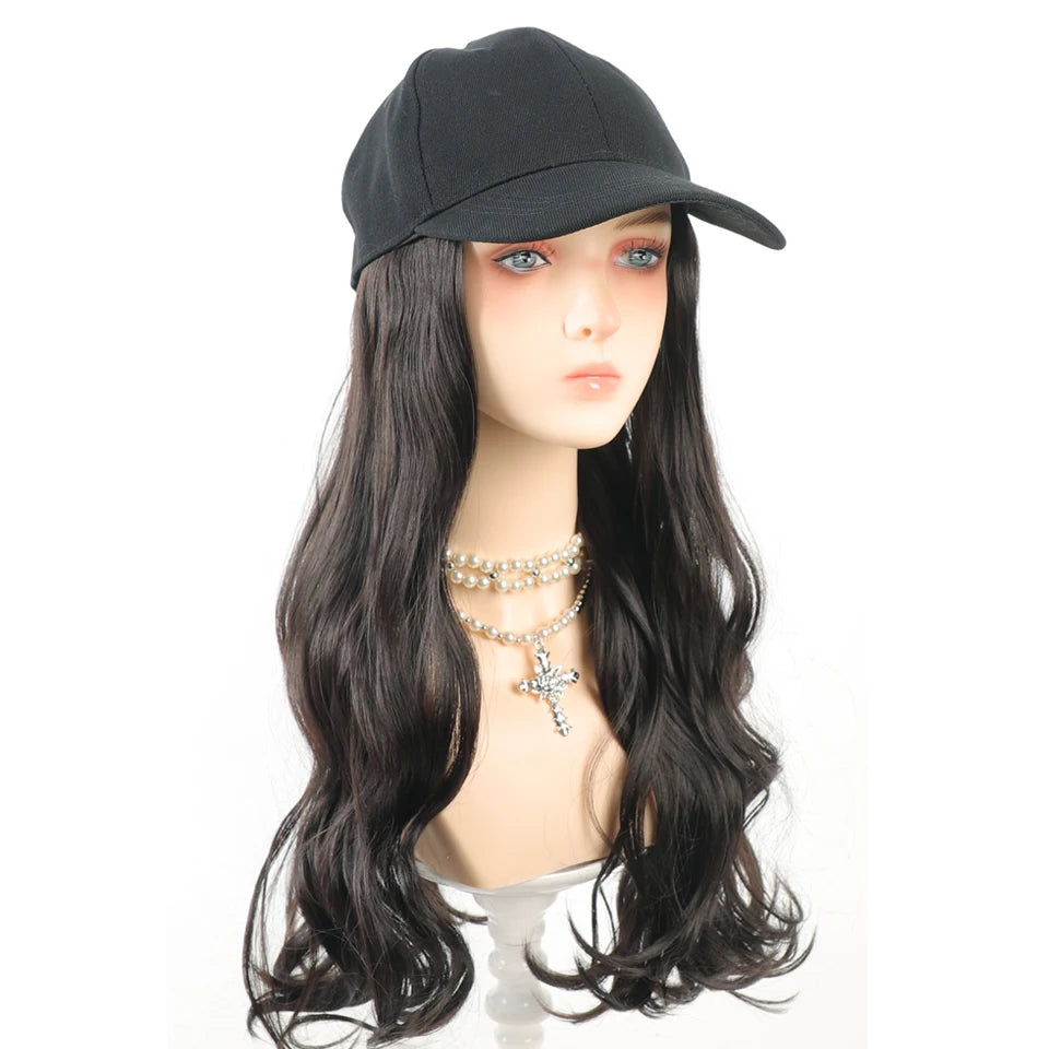 Long Wavy Curly Synthetic Wig Baseball Cap Hair Extensions Hat Wigs Black Brown Adjustable Hairpiece for Women