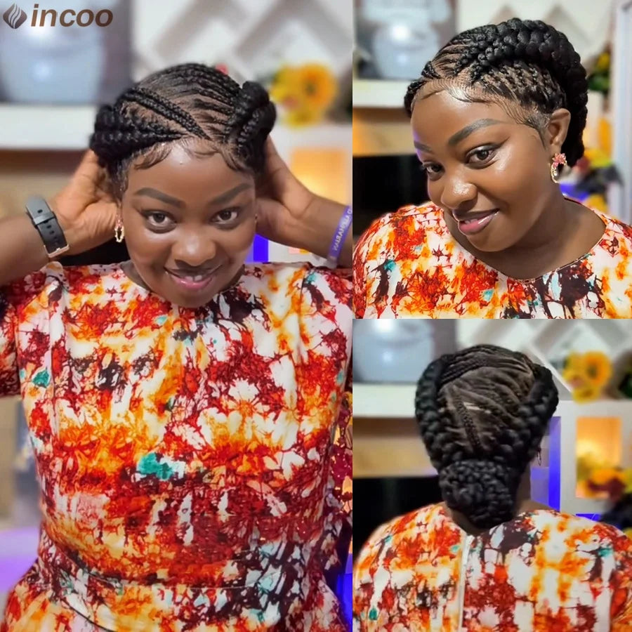 Short Bantu Knotless Braided Wigs Synthetic Full Lace Wig Box Braids Low Buns Wig Glueless Cornrow Braiding Hair Wigs For Women