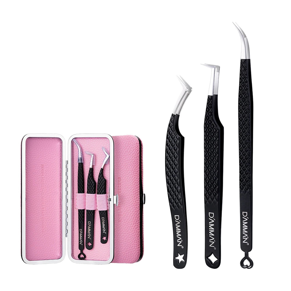 DAMMAN 3PCS Lash Tweezers Set Fiber Tip Tweezers for Eyelash Extension High Precision Eyelash Tweezers with Leather Case
